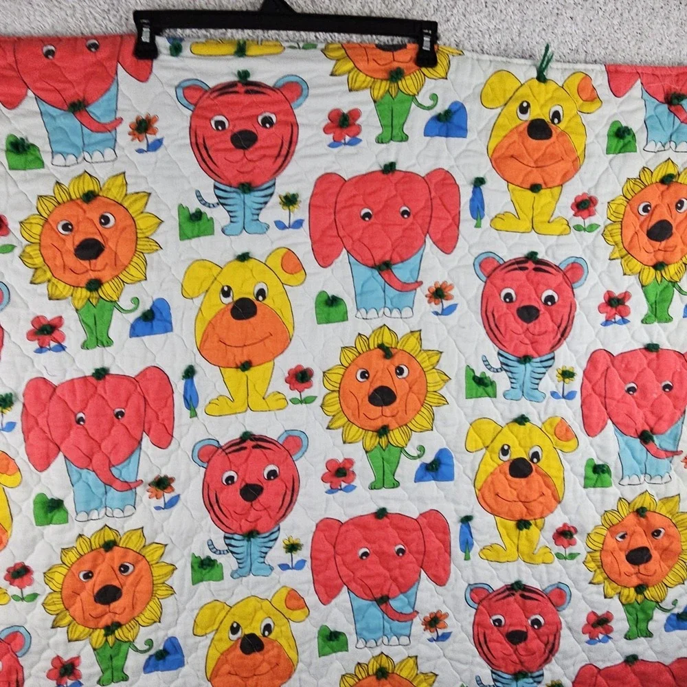 Vintage Animal Print Baby Quilt Blanket Handmade 46x39 Sunflowers Dogs One Sided